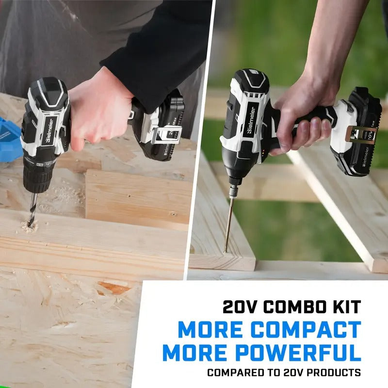 [20V Drill Driver Combo] Bielmeier 20V 2 Speed 3/8" Drill & 1/4" Impact Driver Combo Kit, Lightweight, 3200RPM Driving Speed, 1500RPM DRILLING Speed, With 33pcs Drive Bits And Sockets, Accessories Box, Tool Bag
