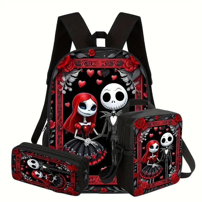 Jack Skellington & Sally Gothic Backpack Set, 3pcs with Lunch Bag and Pencil Pouch, Polyester, Zipper Closure, Cartoon Theme, Hand Wash Only, for Men Women Fans, Office Travel Camping, Halloween Gift
