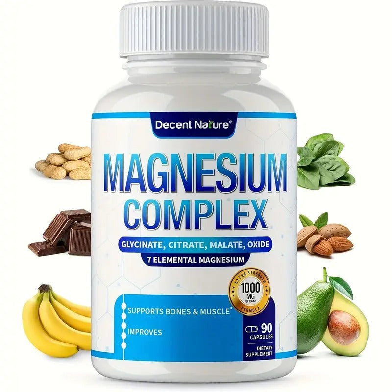 Magnesium Complex 7 Elemental Magnesium Supplement 1000mg - 7-Form Magnesium (Glycinate, Citrate, Malate, Taurate, Oxide, Aspartate, Orotate) With Vitamin C - High Absorption - 90 Capsules