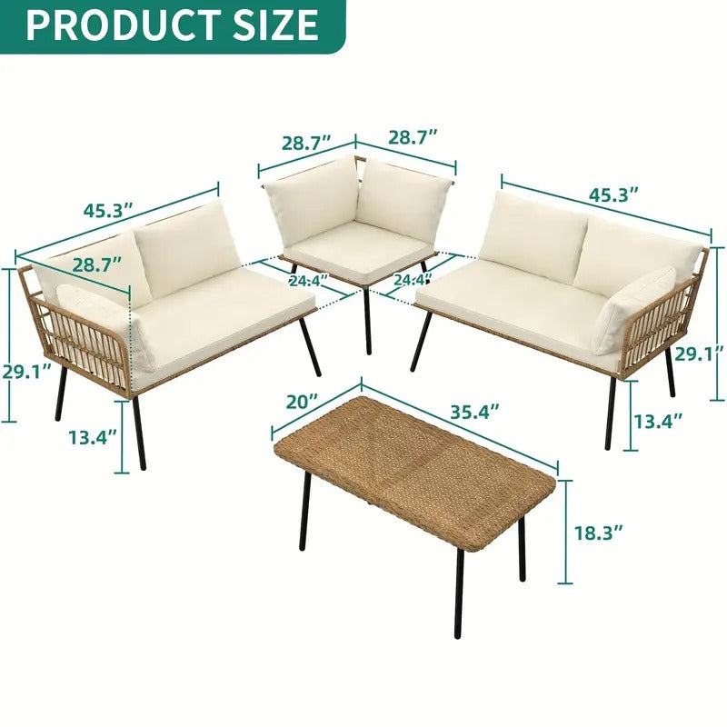TROPOW 4pcss, Patio Furniture Set, Cutout Rough Rattan Corner 4pcss Set With 5 Seats For Backyard, Porch, Boho Removable Chaise Lounge With Cushions And Side Table - Beige