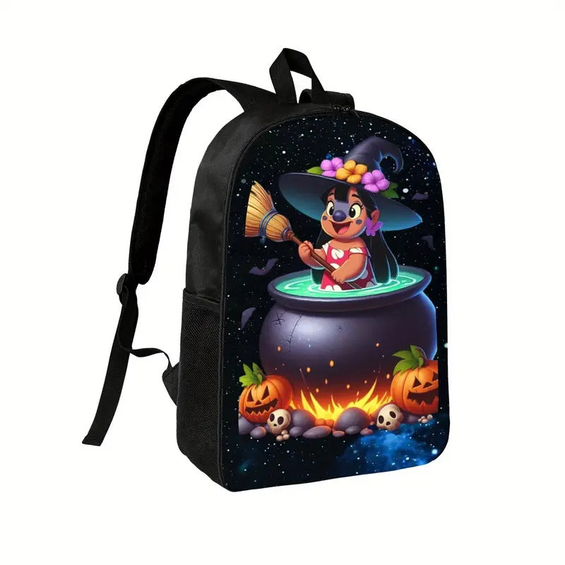 Halloween-Themed Disney Backpack for Teens - Black with Witch & Pumpkin Design, Adjustable Straps, Zipper Closure, Compact Travel Bag for School, Commute, or Weekend Trips, Halloween Backpack, School Bag, Playful Design, Durable Straps