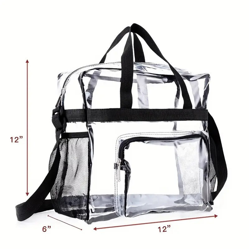 Sturdy Transparent PVC Tote Bag with Adjustable Shoulder Strap & Front Pockets - Large Capacity Heavy-Duty Design, Lightweight Durable for Travel, School,