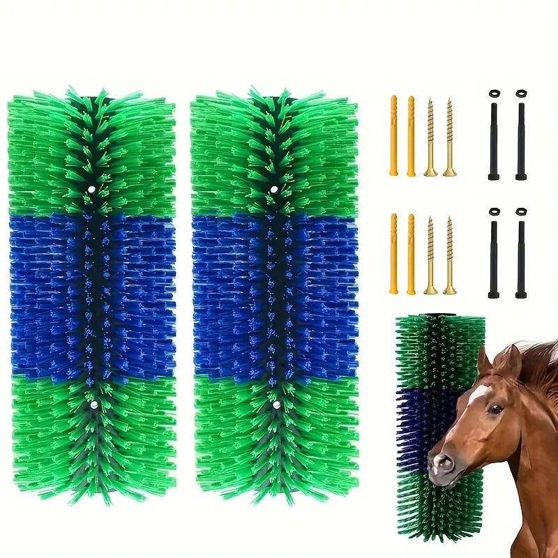 2pcs Livestock Scratching Brush (green), 17.5*7.8, Suitable for Livestock Combing Hair, Depilation, Nylon Material Thick Bristles Are More Durable. Suitable for Horses, Sheep, Elk, Cows. Each Piece Comes with 4 Screws for Fixing.