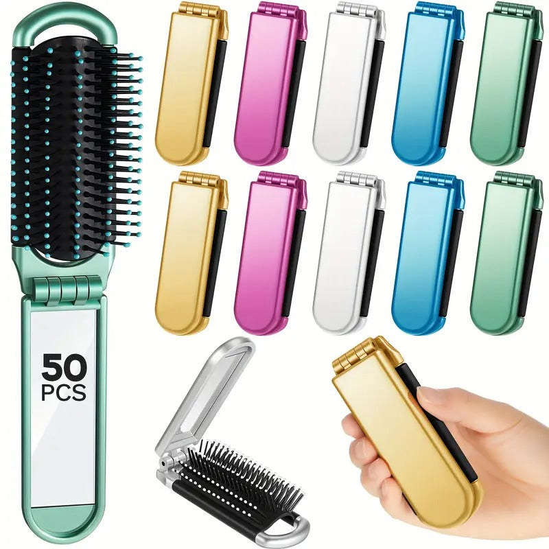 50pcs Travel Brush Compact Portable Folding Hair Brush with Mirror Bulk Pocket Size Mini Hair Brush for Men Women